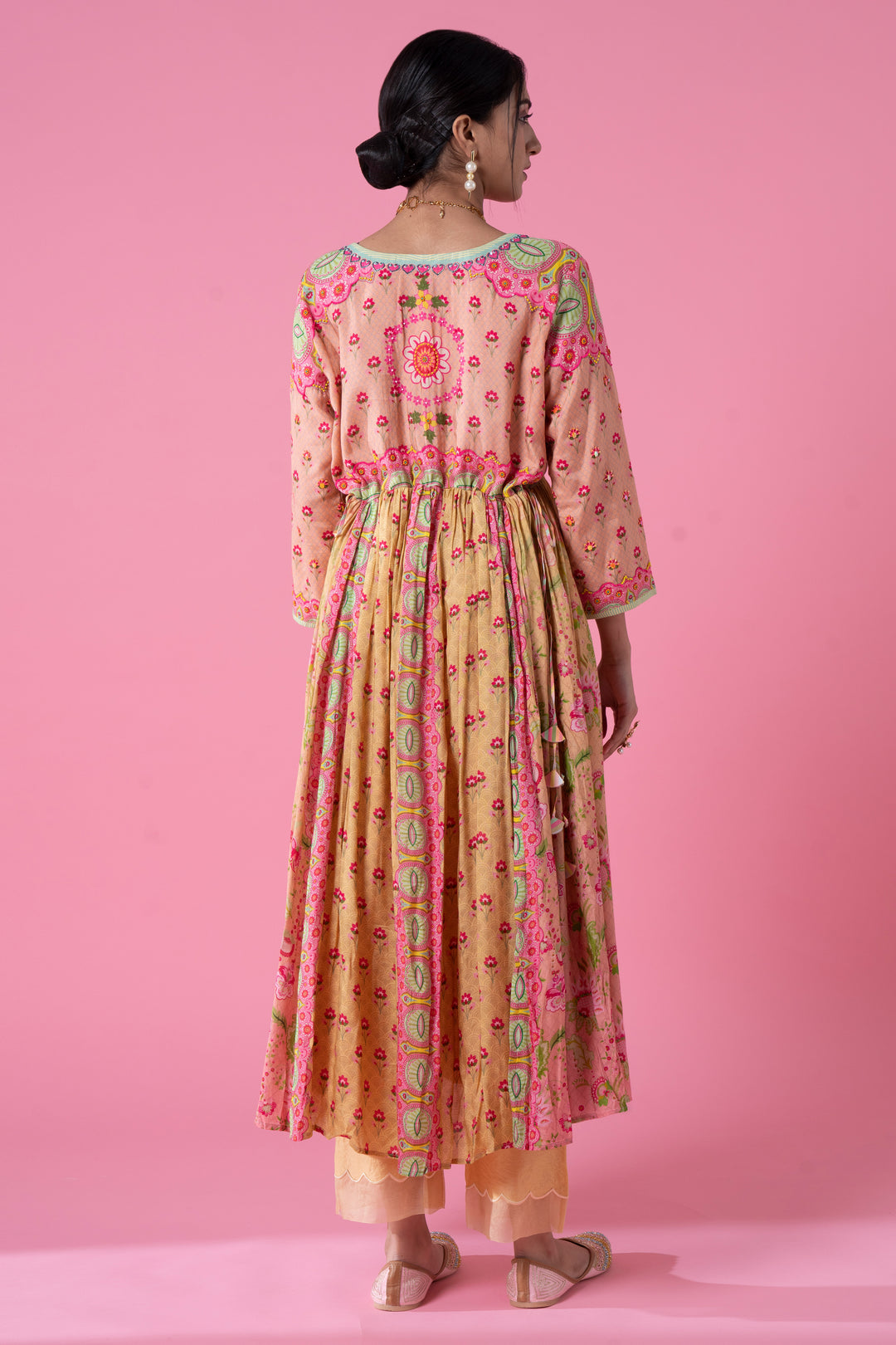 Summer Yellow And Pink Ombre Gathered Embroidered Kurta Set-Siddhartha Bansal