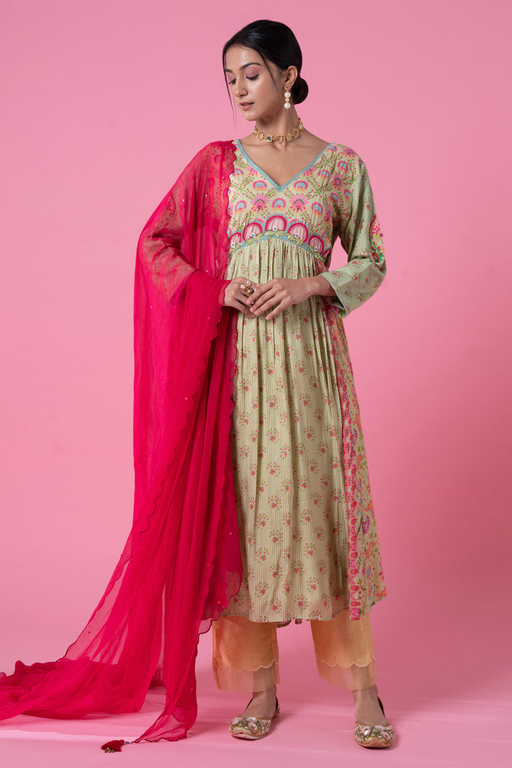Surf Green Blossomy Print Gathered Embroidered Kurta Set-Siddhartha Bansal