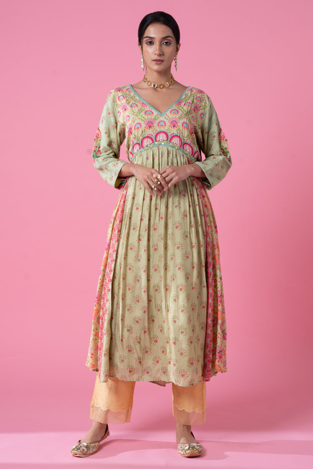 Surf Green Blossomy Print Gathered Embroidered Kurta Set-Siddhartha Bansal