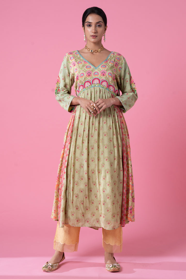Surf Green Blossomy Print Gathered Embroidered Kurta Set-Siddhartha Bansal