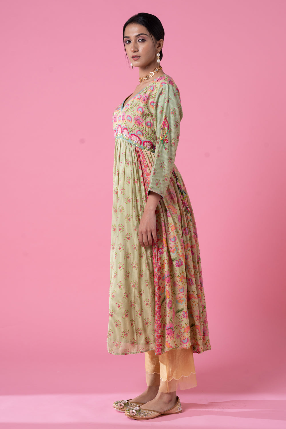 Surf Green Blossomy Print Gathered Embroidered Kurta Set-Siddhartha Bansal