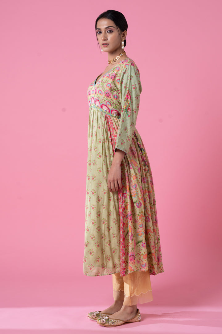 Surf Green Blossomy Print Gathered Embroidered Kurta Set-Siddhartha Bansal