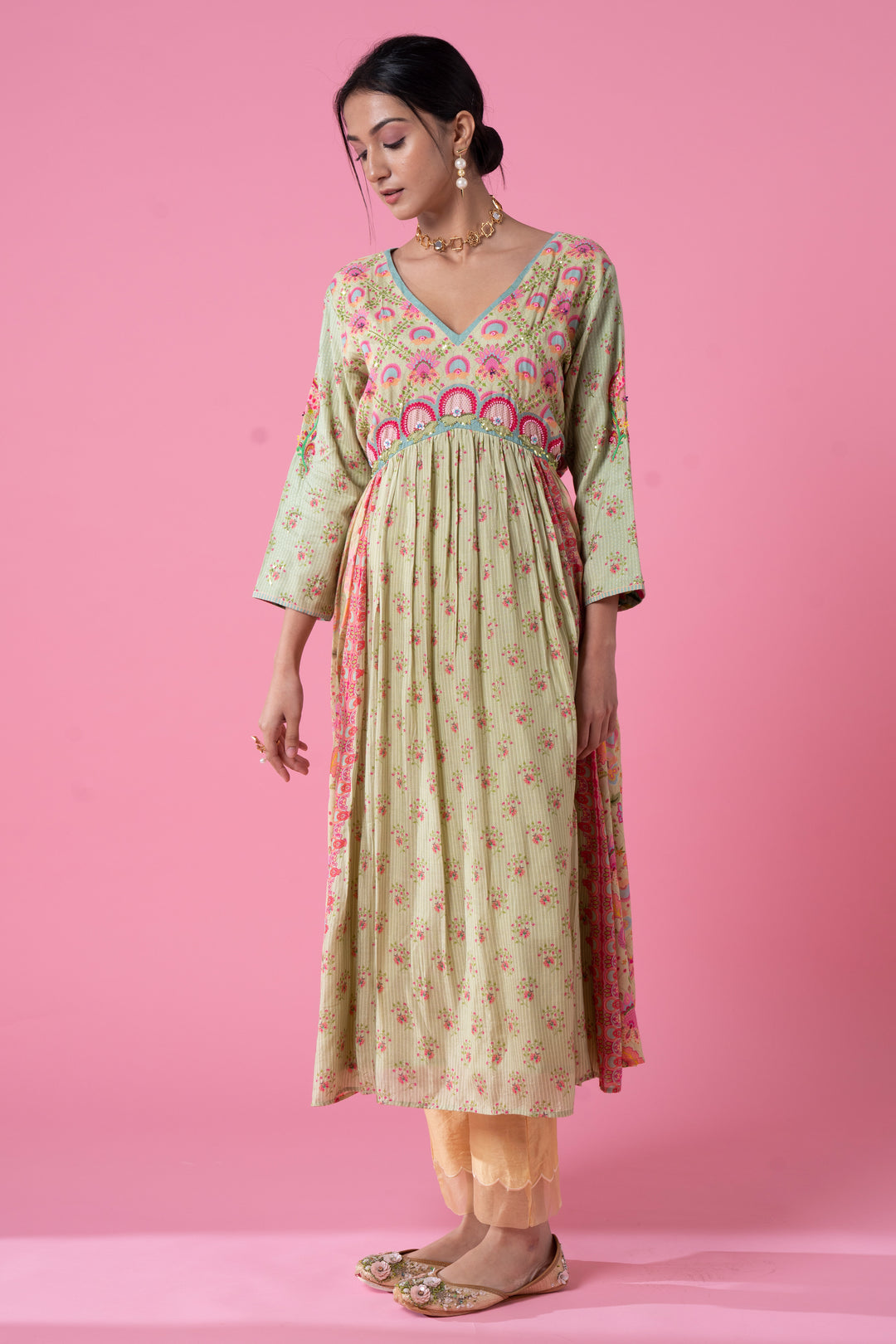 Surf Green Blossomy Print Gathered Embroidered Kurta Set-Siddhartha Bansal