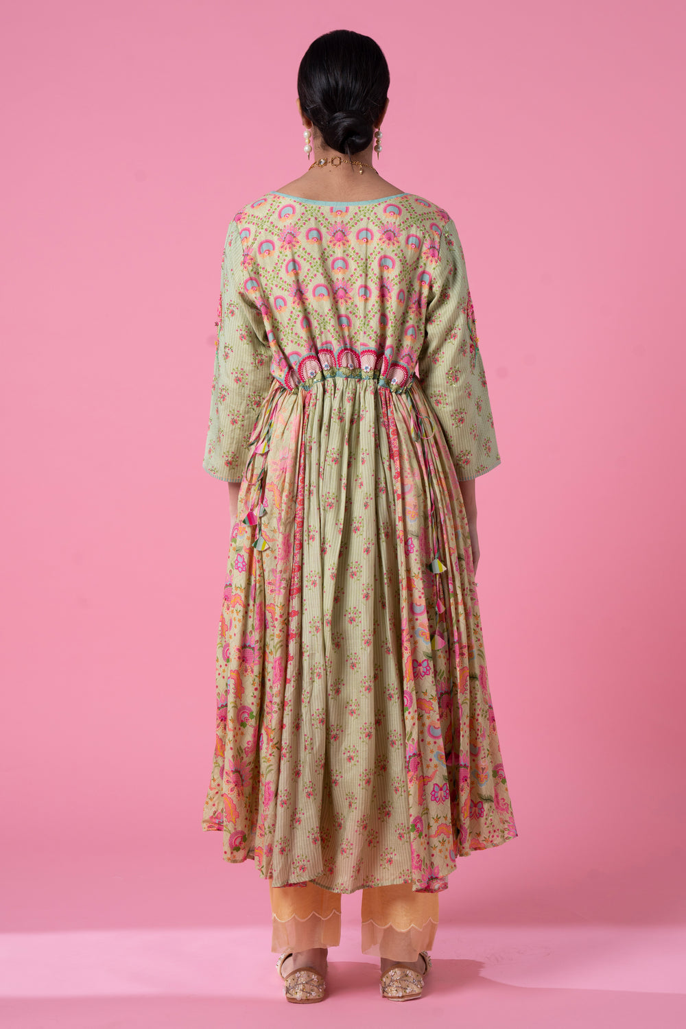 Surf Green Blossomy Print Gathered Embroidered Kurta Set-Siddhartha Bansal