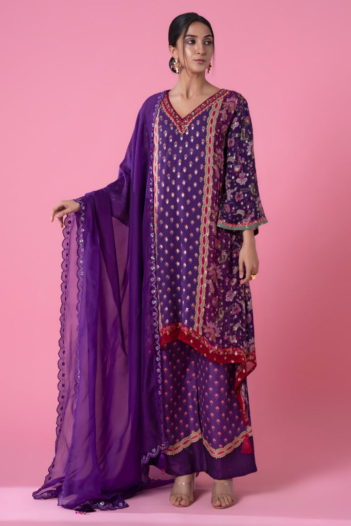 Purple Golden Buta High-Low Embroidered Kurta Set-Siddhartha Bansal