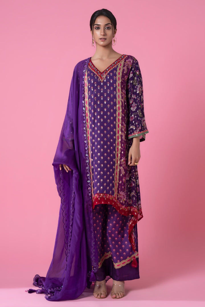 Purple Golden Buta High-Low Embroidered Kurta Set-Siddhartha Bansal