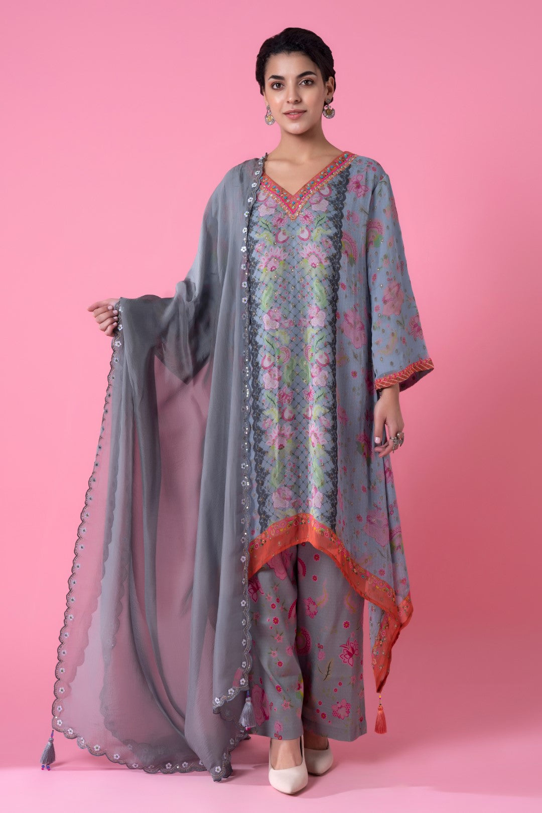 Pearl Grey Golden Buta High-Low Embroiderd Kurta Set-Siddhartha Bansal