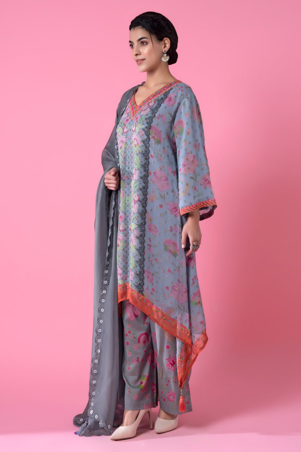 Pearl Grey Golden Buta High-Low Embroiderd Kurta Set-Siddhartha Bansal
