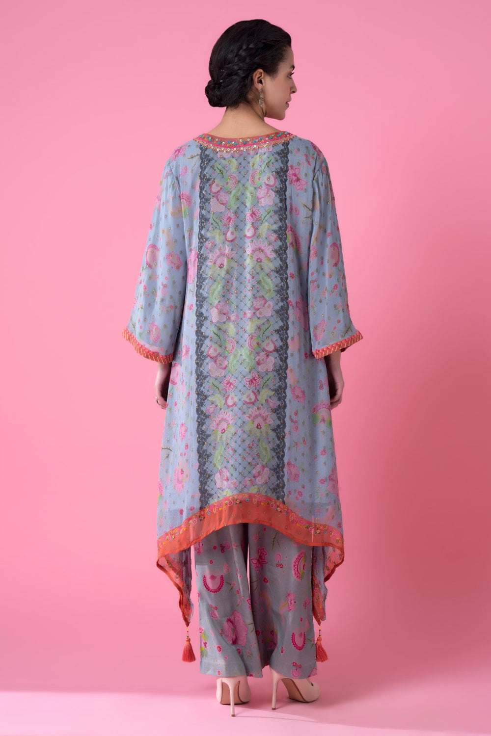 Pearl Grey Golden Buta High-Low Embroiderd Kurta Set-Siddhartha Bansal