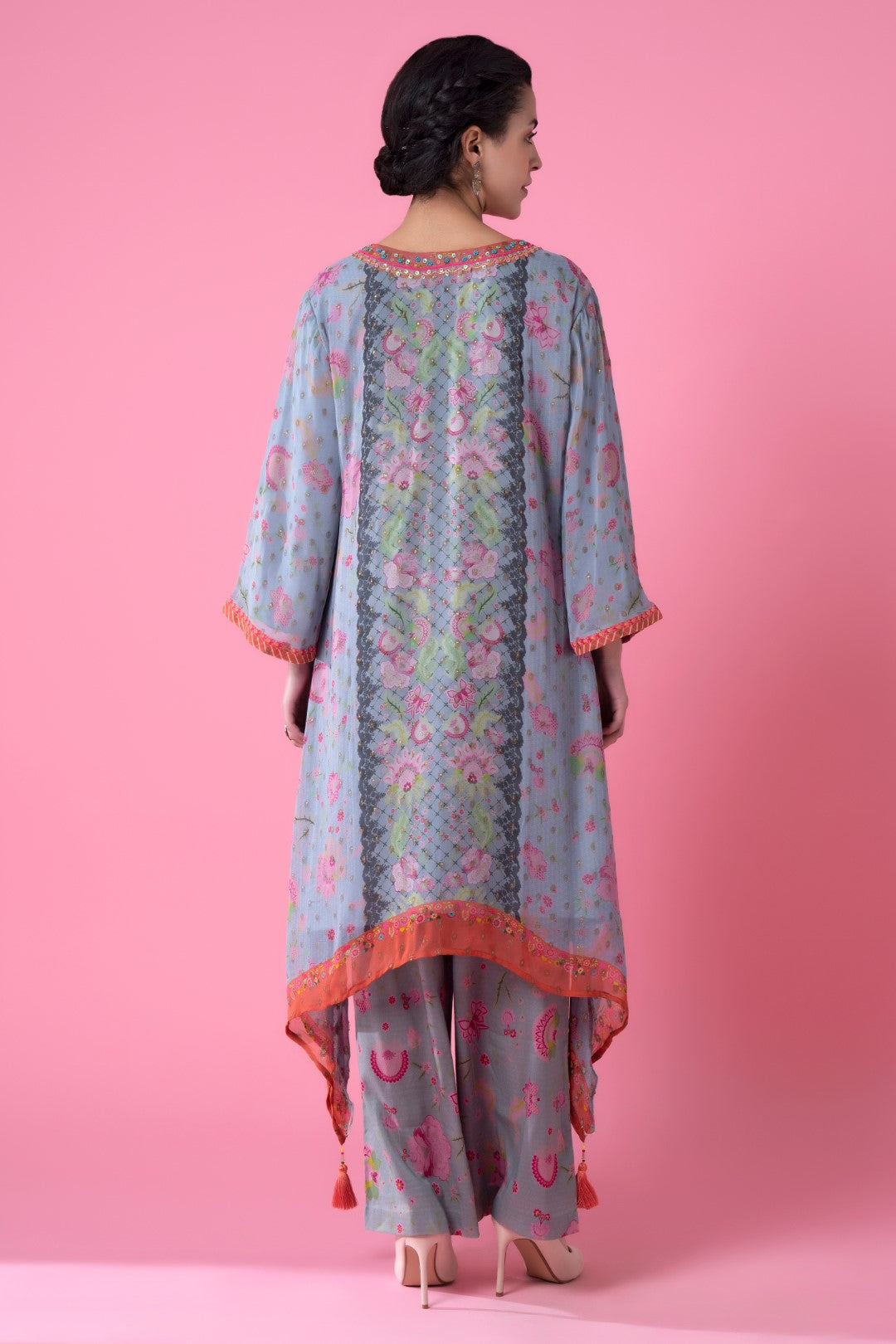 Pearl Grey Golden Buta High-Low Embroiderd Kurta Set-Siddhartha Bansal