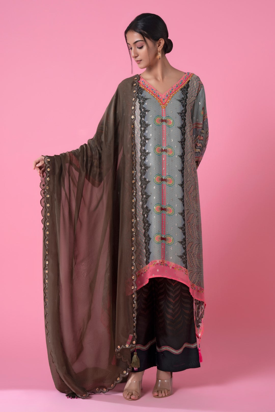Roman Grey Golden Buta High-Low Embroiderd Kurta-Siddhartha Bansal