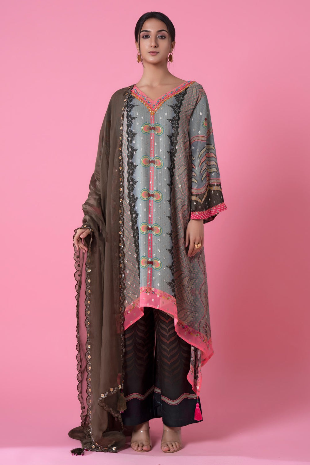Roman Grey Golden Buta High-Low Embroiderd Kurta-Siddhartha Bansal
