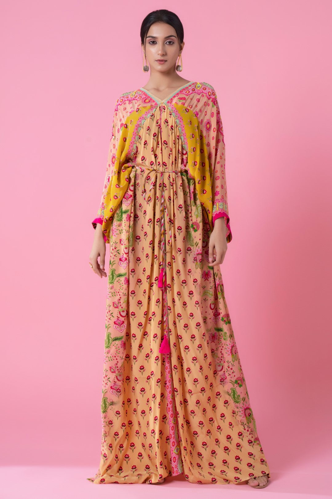 Peach Yellow Floral Panel Printed Kaftan With Hand Embroidery At Shoulder And Sleeves-Siddhartha Bansal