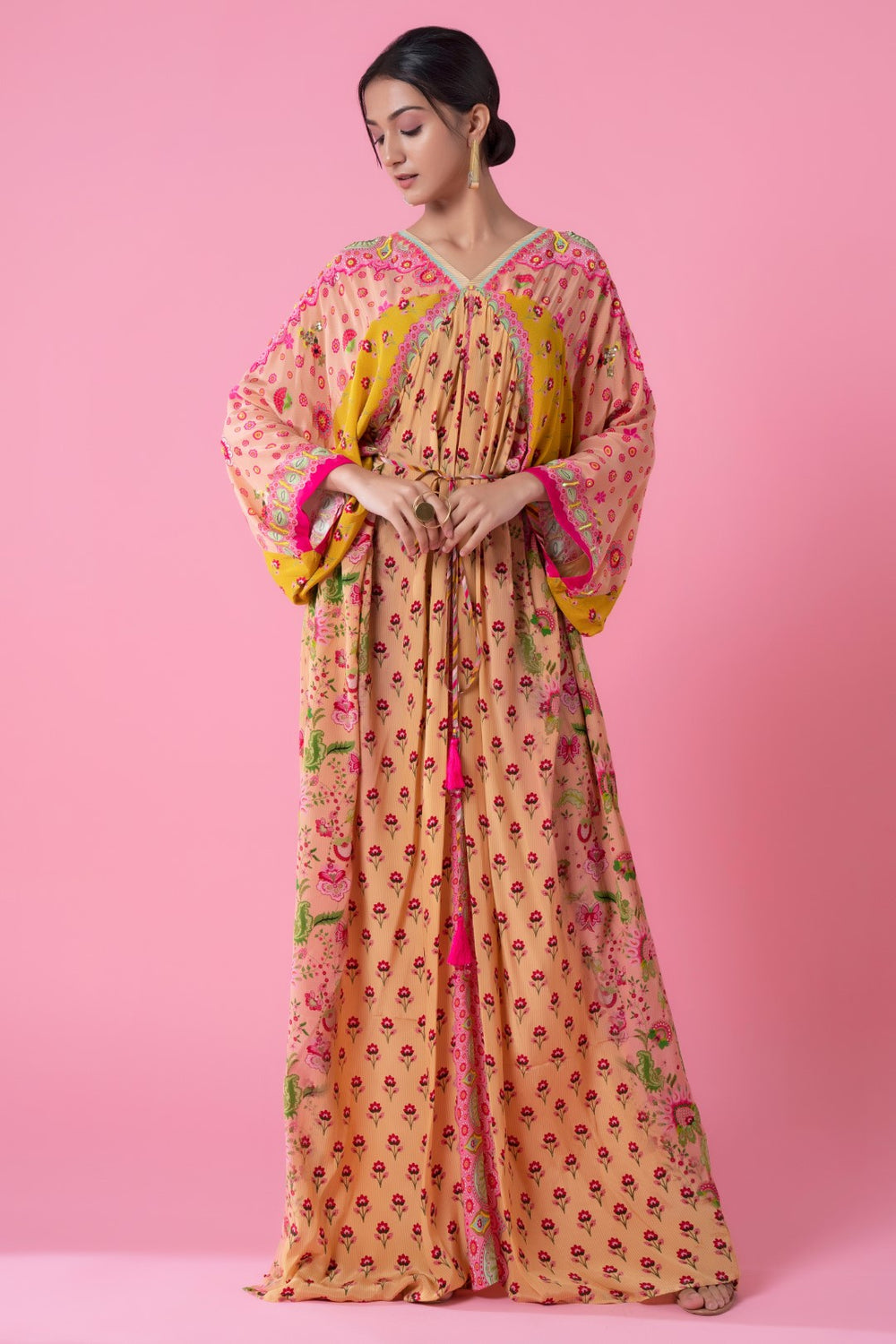 Peach Yellow Floral Panel Printed Kaftan With Hand Embroidery At Shoulder And Sleeves-Siddhartha Bansal