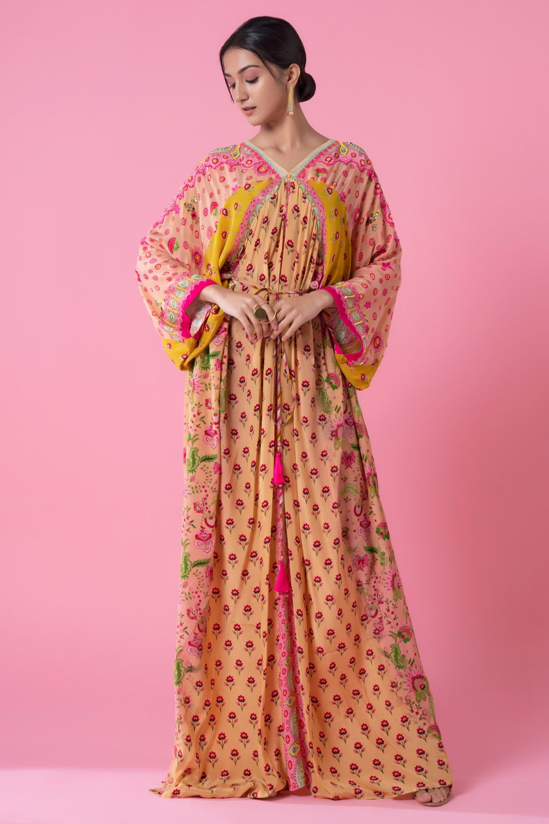 Peach Yellow Floral Panel Printed Kaftan With Hand Embroidery At Shoulder And Sleeves-Siddhartha Bansal