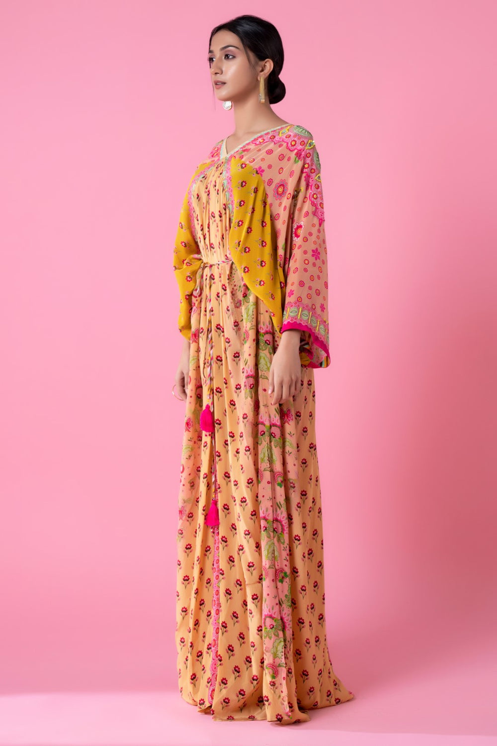 Peach Yellow Floral Panel Printed Kaftan With Hand Embroidery At Shoulder And Sleeves-Siddhartha Bansal