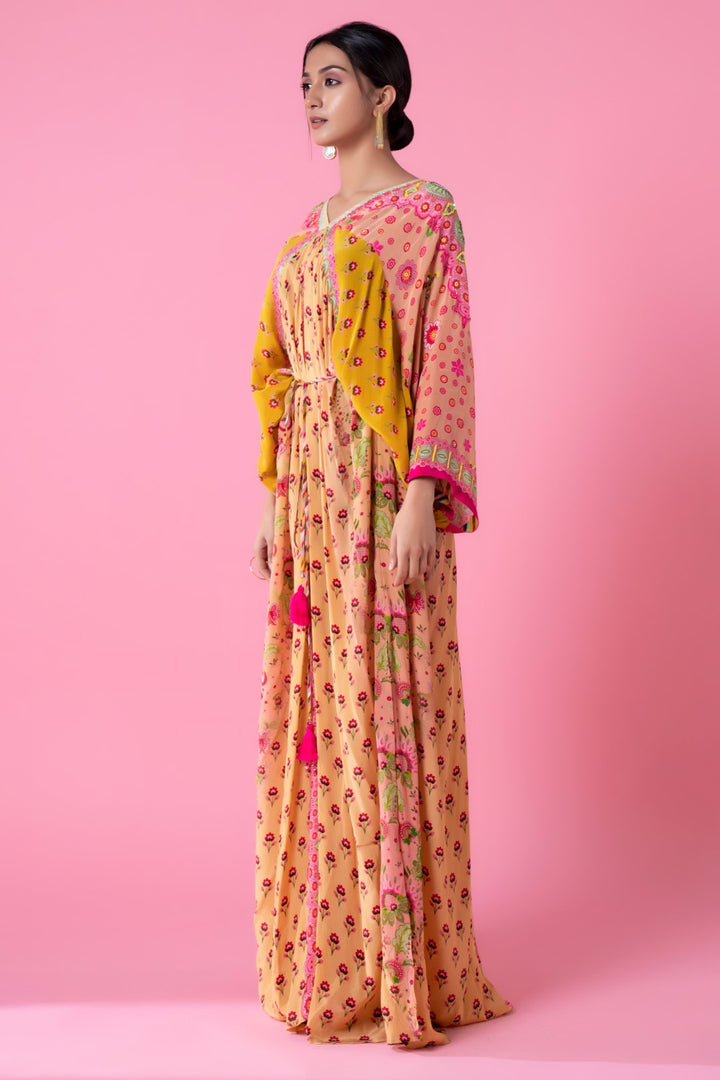Peach Yellow Floral Panel Printed Kaftan With Hand Embroidery At Shoulder And Sleeves-Siddhartha Bansal