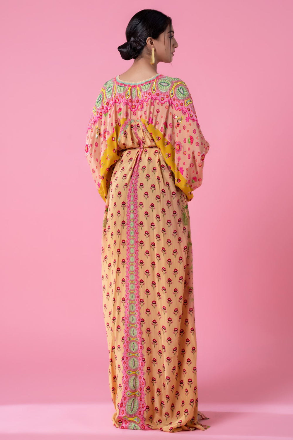 Peach Yellow Floral Panel Printed Kaftan With Hand Embroidery At Shoulder And Sleeves-Siddhartha Bansal