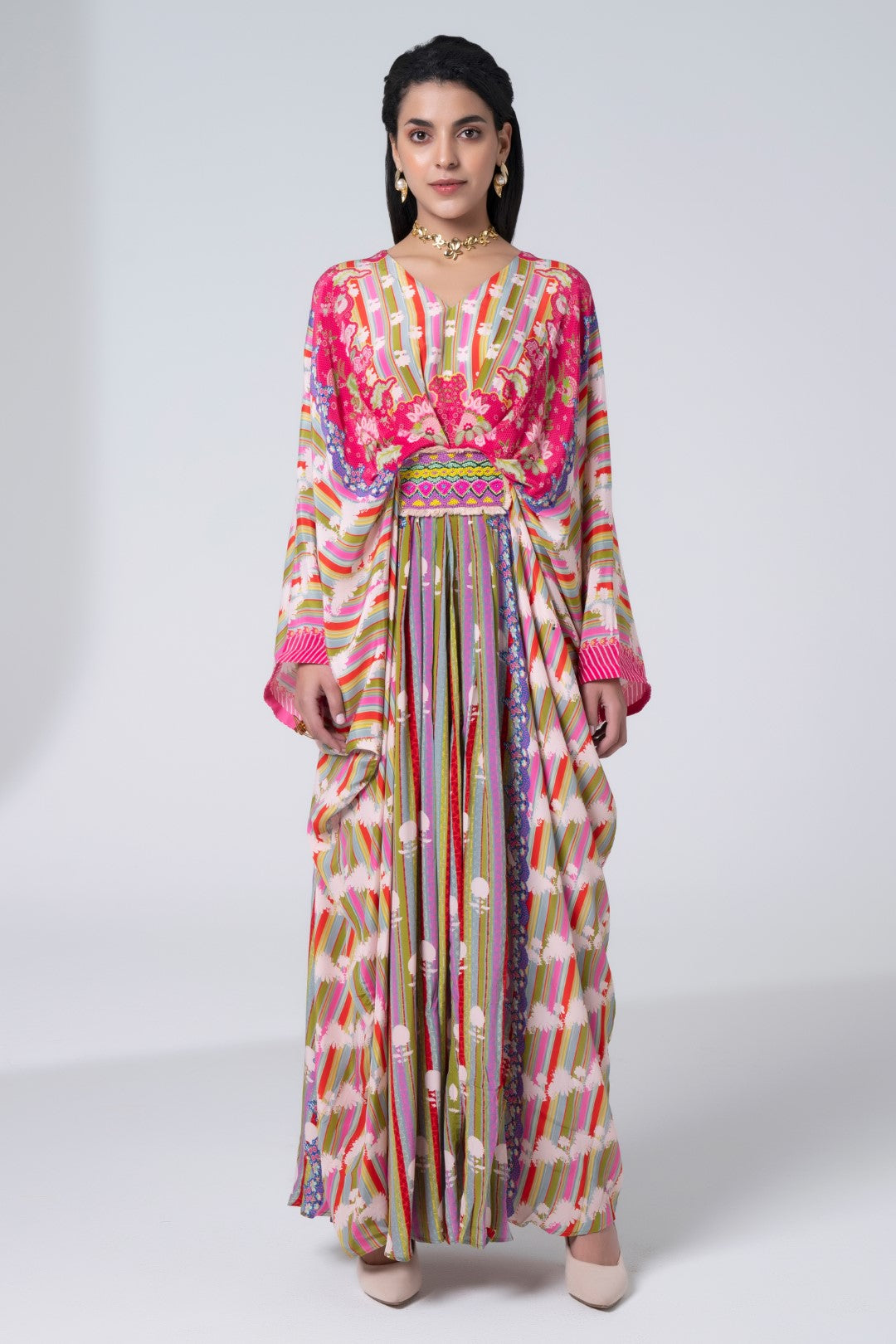 Multi Color Stripe With White Flowers Centre Embroidery Panel, Pleated Kaftan-Siddhartha Bansal