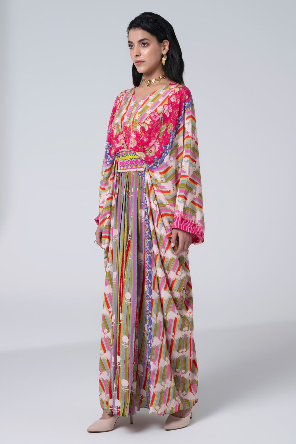 Multi Color Stripe With White Flowers Centre Embroidery Panel, Pleated Kaftan-Siddhartha Bansal
