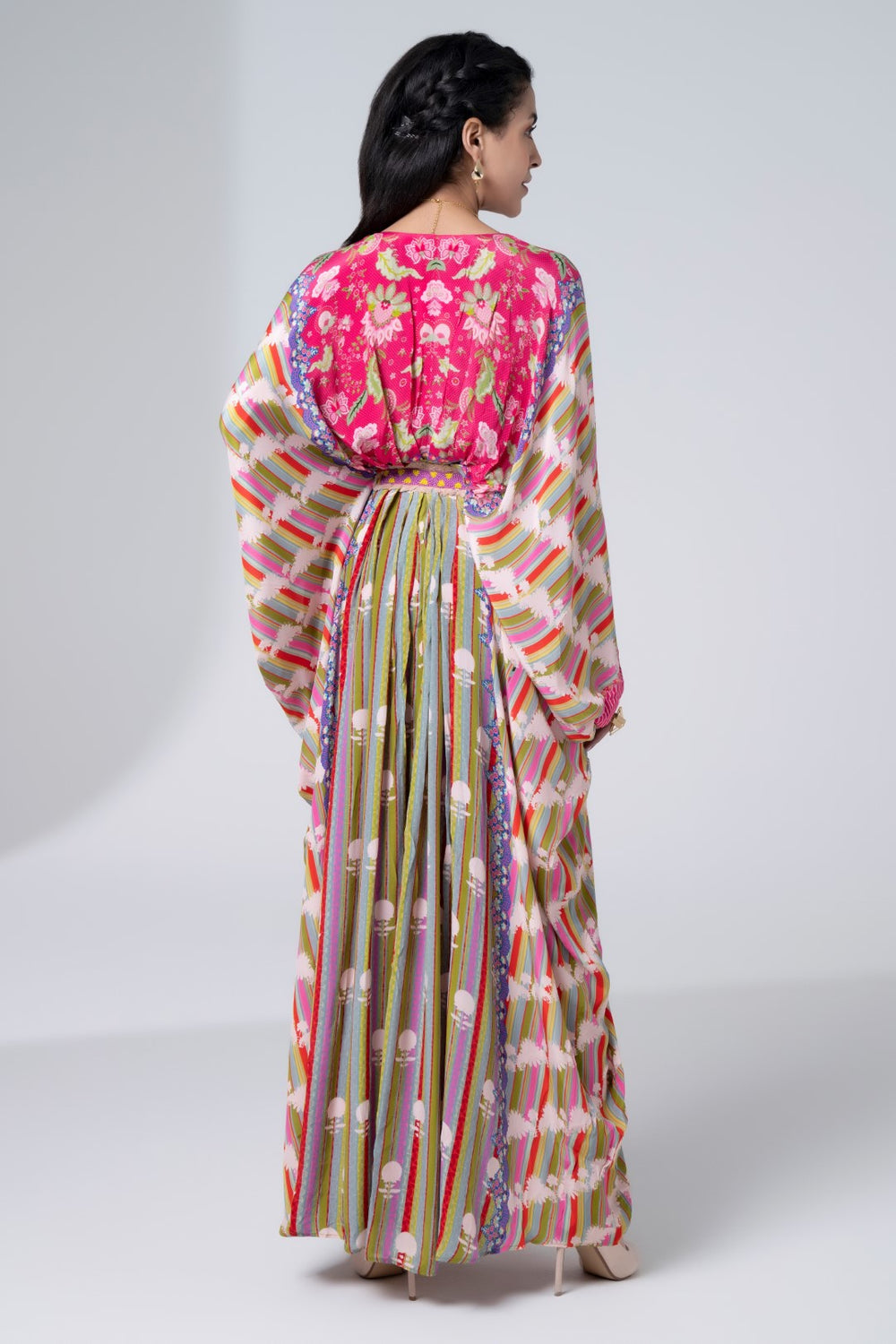 Multi Color Stripe With White Flowers Centre Embroidery Panel, Pleated Kaftan-Siddhartha Bansal