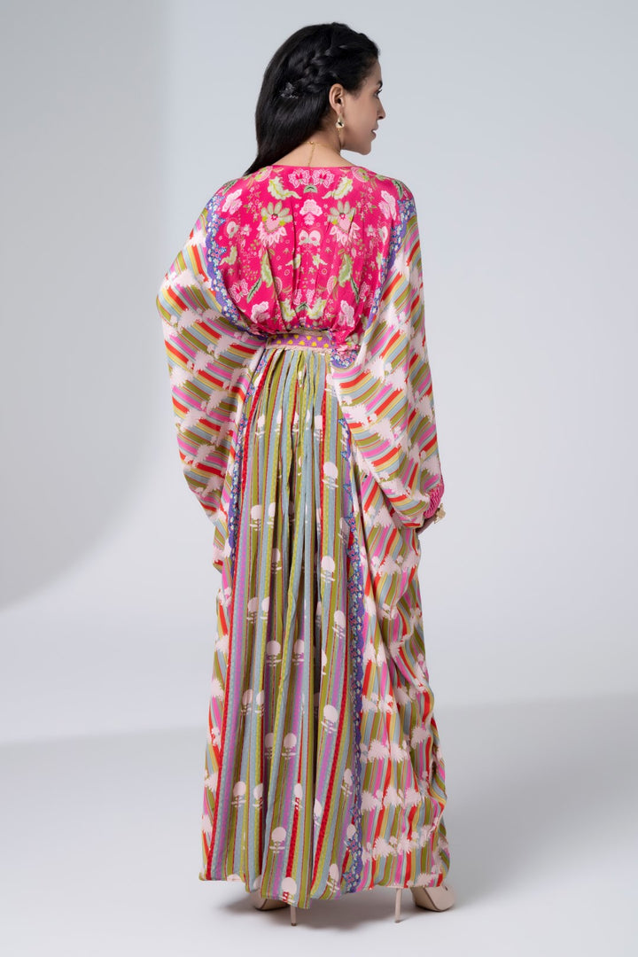 Multi Color Stripe With White Flowers Centre Embroidery Panel, Pleated Kaftan-Siddhartha Bansal