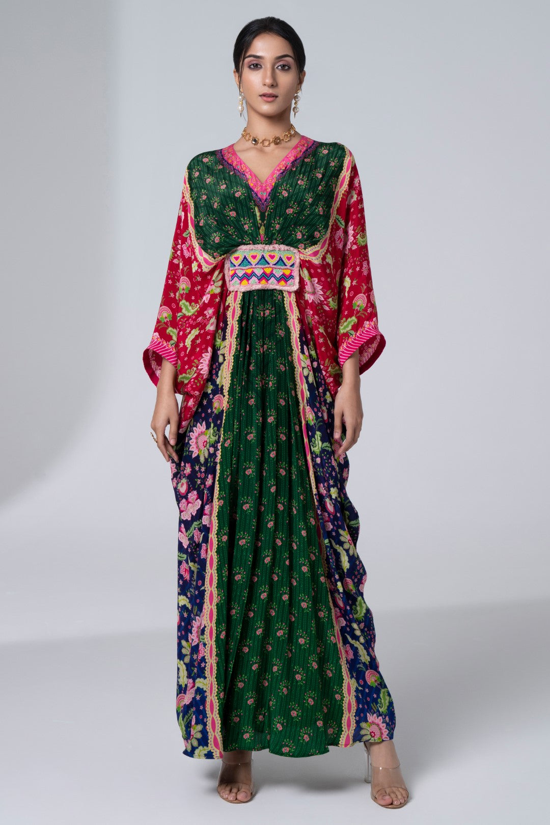 Green Pink & Blue, Color Blocking Floral Printed, Centre Embroidery Panel, Pleated Kaftan-Siddhartha Bansal