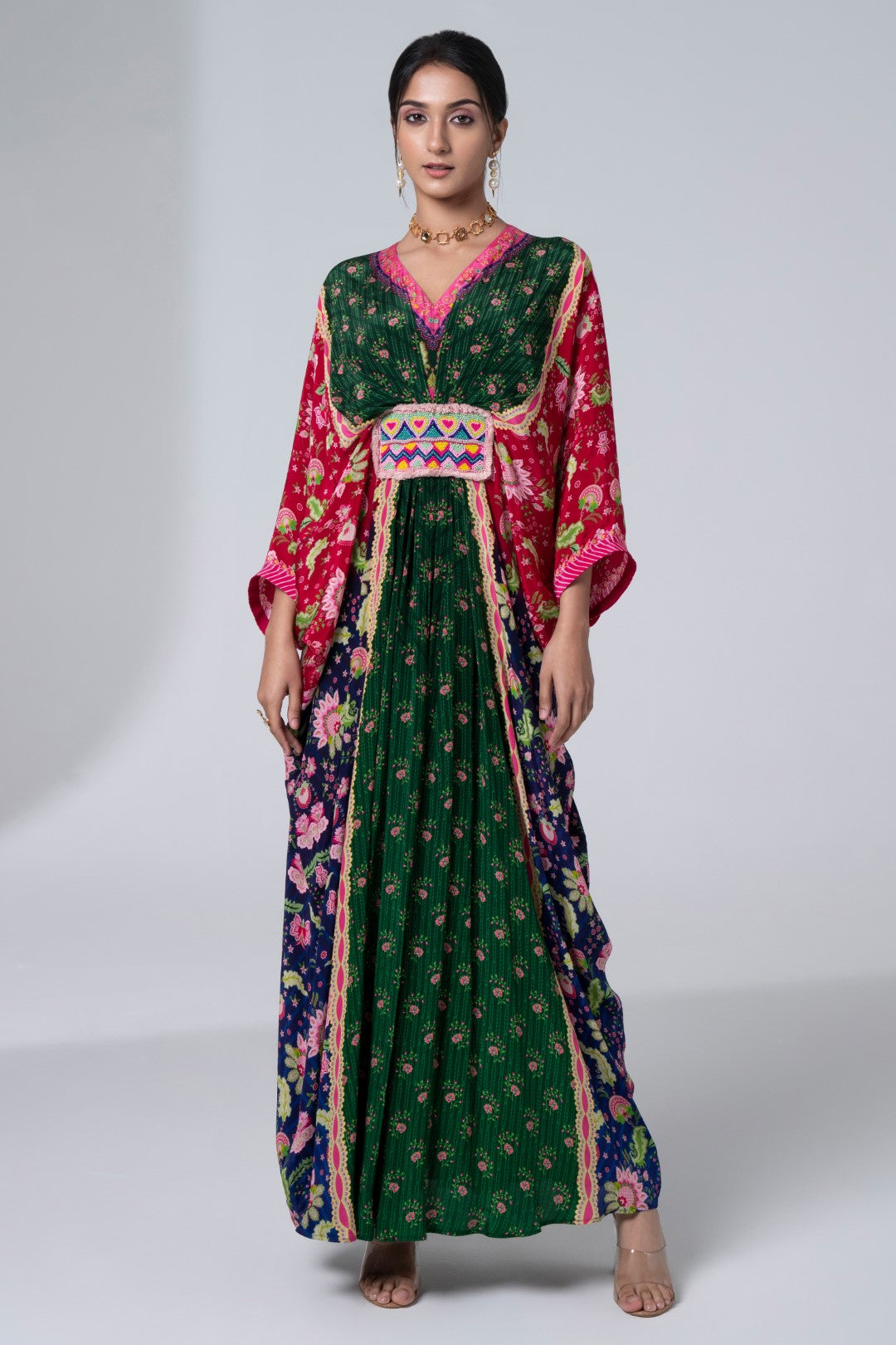 Green Pink &amp; Blue, Color Blocking Floral Printed, Centre Embroidery Panel, Pleated Kaftan-Siddhartha Bansal
