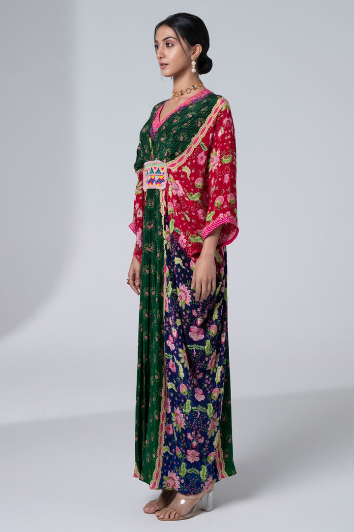 Green Pink &amp; Blue, Color Blocking Floral Printed, Centre Embroidery Panel, Pleated Kaftan-Siddhartha Bansal