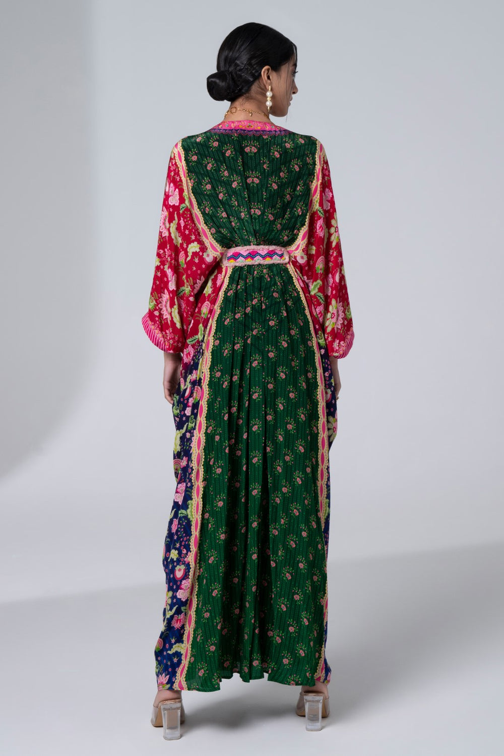 Green Pink & Blue, Color Blocking Floral Printed, Centre Embroidery Panel, Pleated Kaftan-Siddhartha Bansal