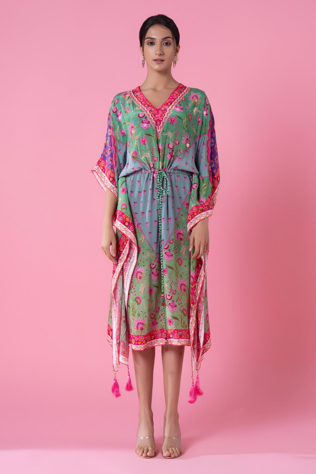 Wisper Green & Heather Blue Floral Print, Embroidred Kaftan-Siddhartha Bansal
