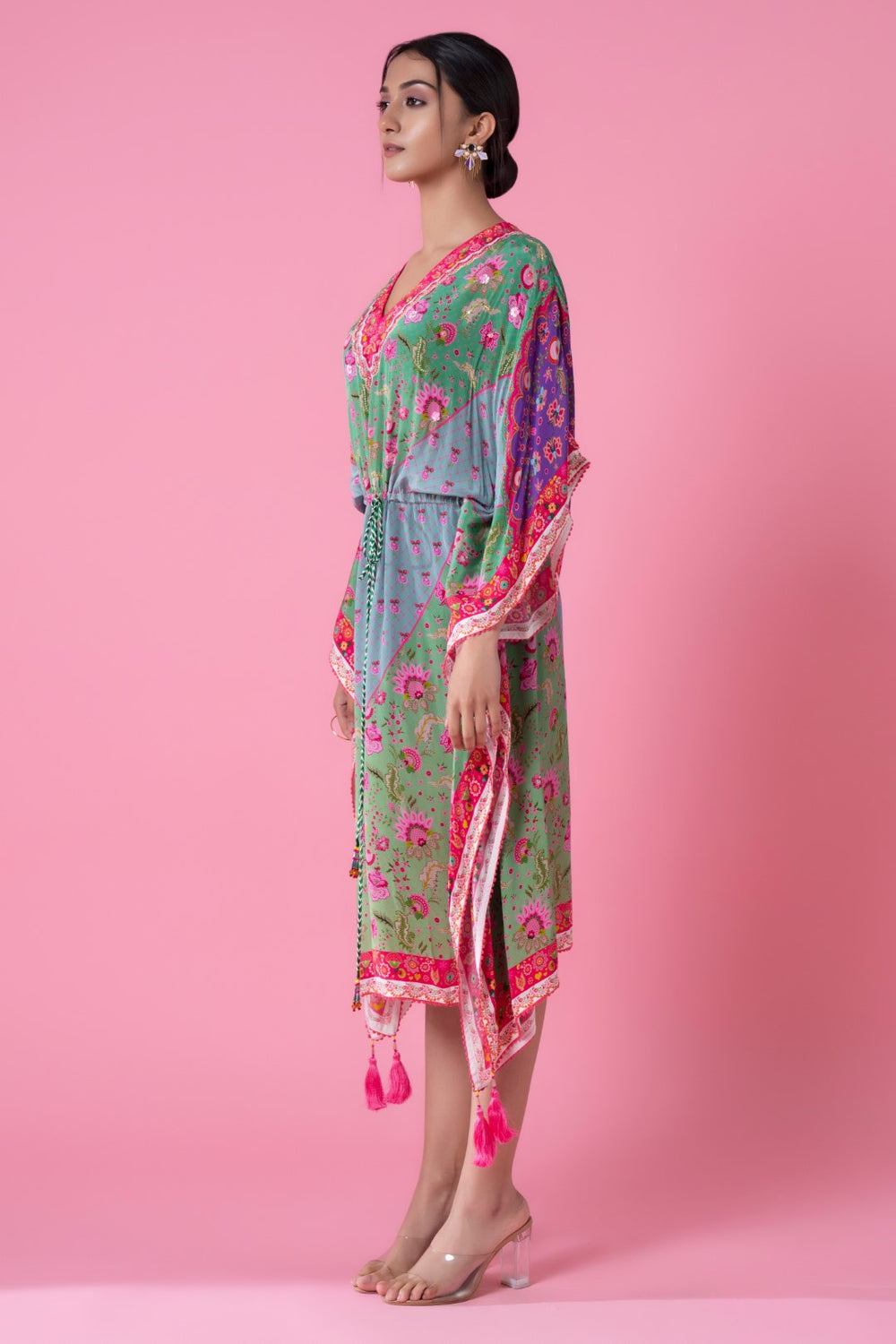 Wisper Green & Heather Blue Floral Print, Embroidred Kaftan-Siddhartha Bansal