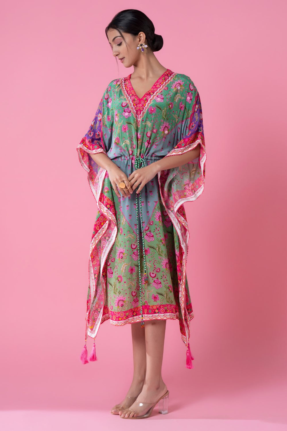 Wisper Green & Heather Blue Floral Print, Embroidred Kaftan-Siddhartha Bansal