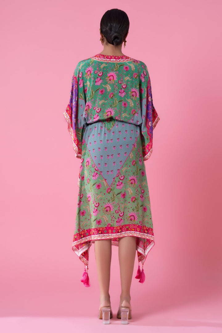 Wisper Green &amp; Heather Blue Floral Print, Embroidred Kaftan-Siddhartha Bansal