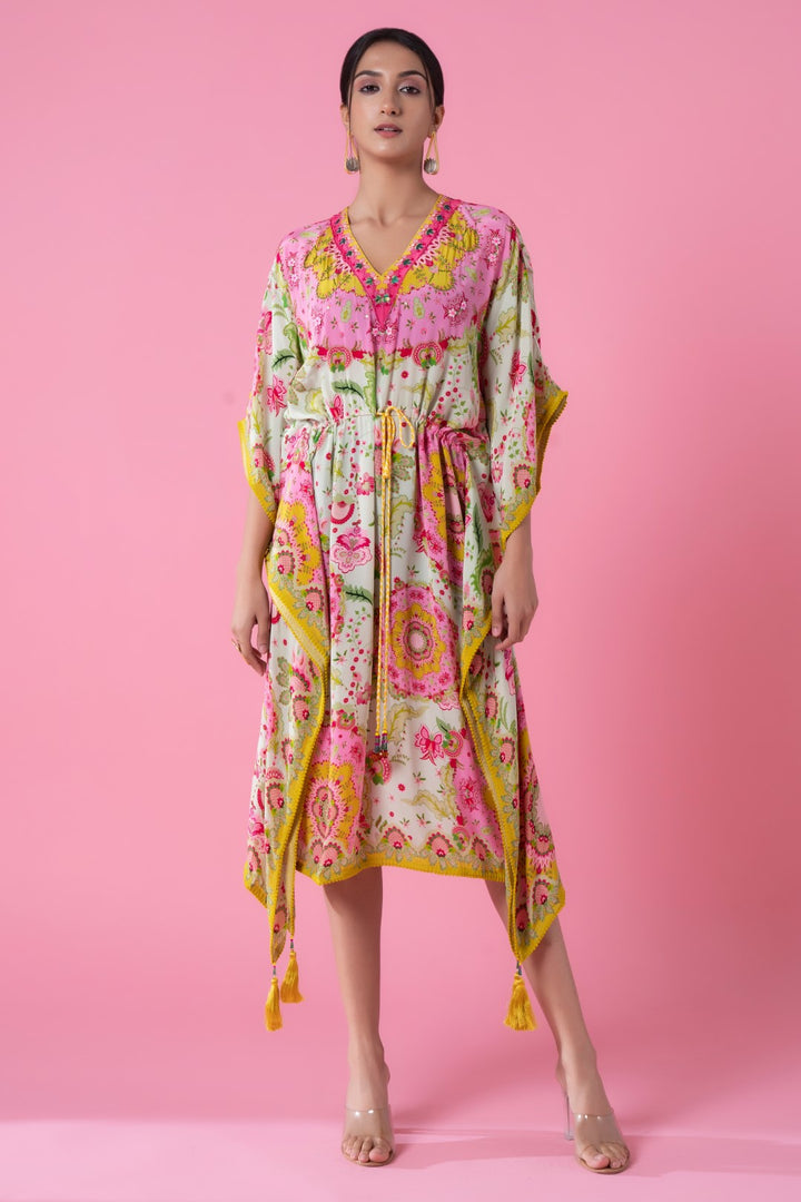 Empire Yellow And Soft Cream Floral Embroidred Kaftan-Siddhartha Bansal