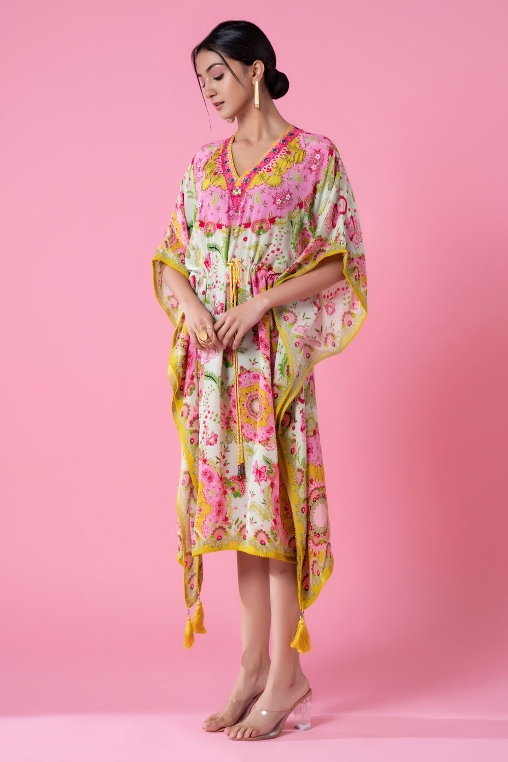 Empire Yellow And Soft Cream Floral Embroidred Kaftan-Siddhartha Bansal