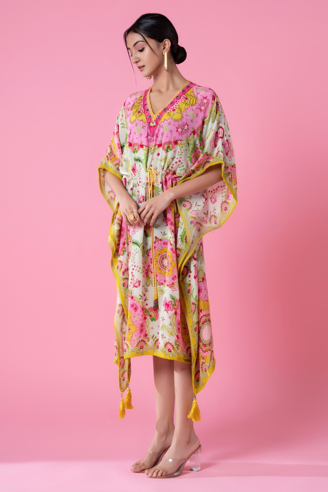 Empire Yellow And Soft Cream Floral Embroidred Kaftan-Siddhartha Bansal