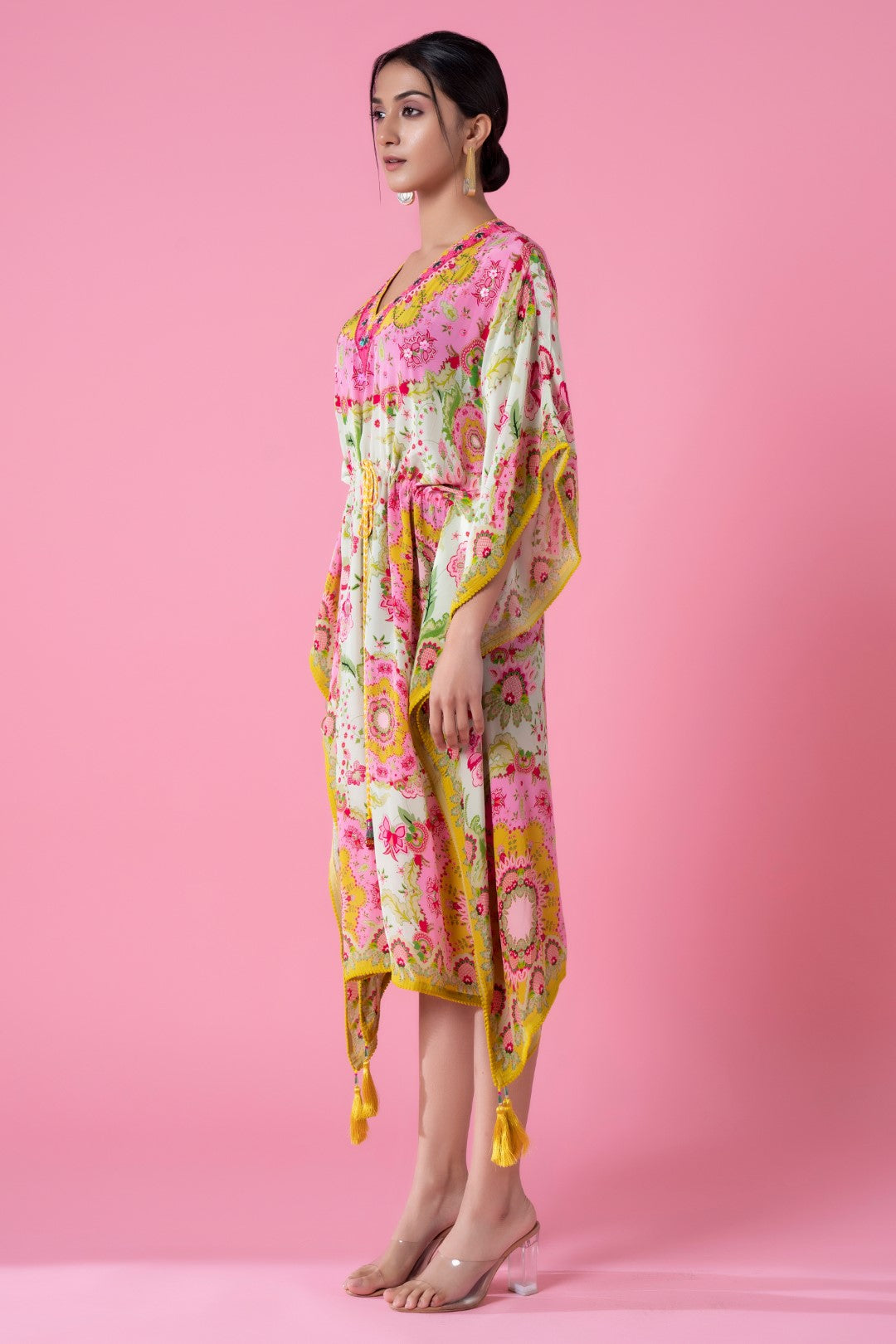 Empire Yellow And Soft Cream Floral Embroidred Kaftan-Siddhartha Bansal