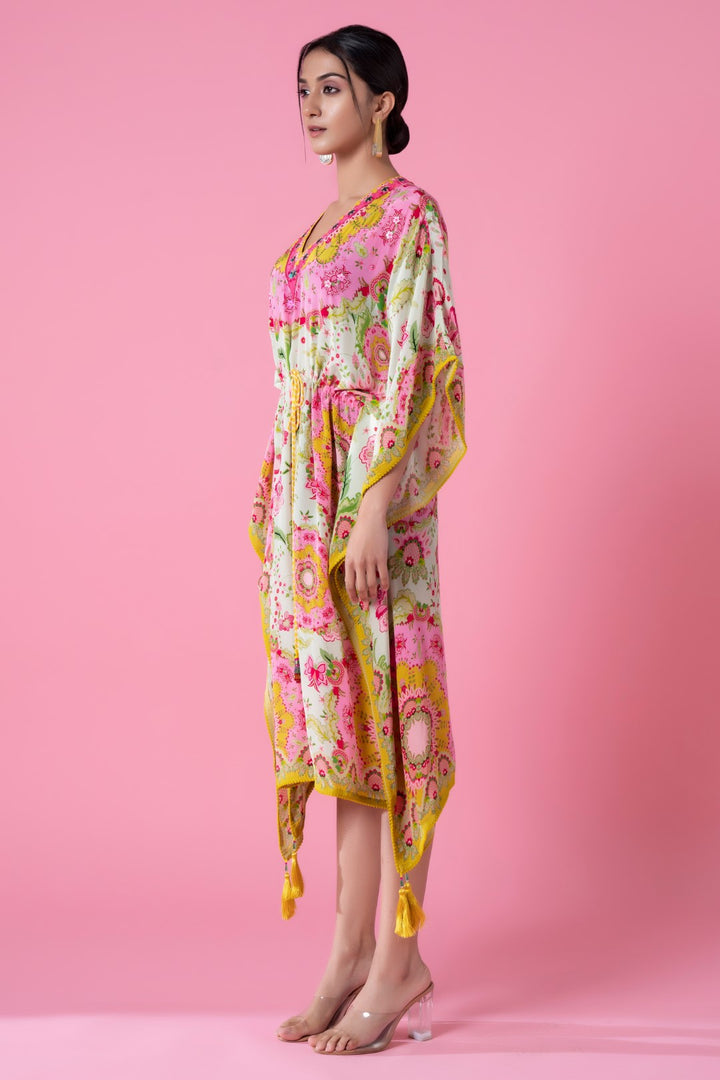 Empire Yellow And Soft Cream Floral Embroidred Kaftan-Siddhartha Bansal