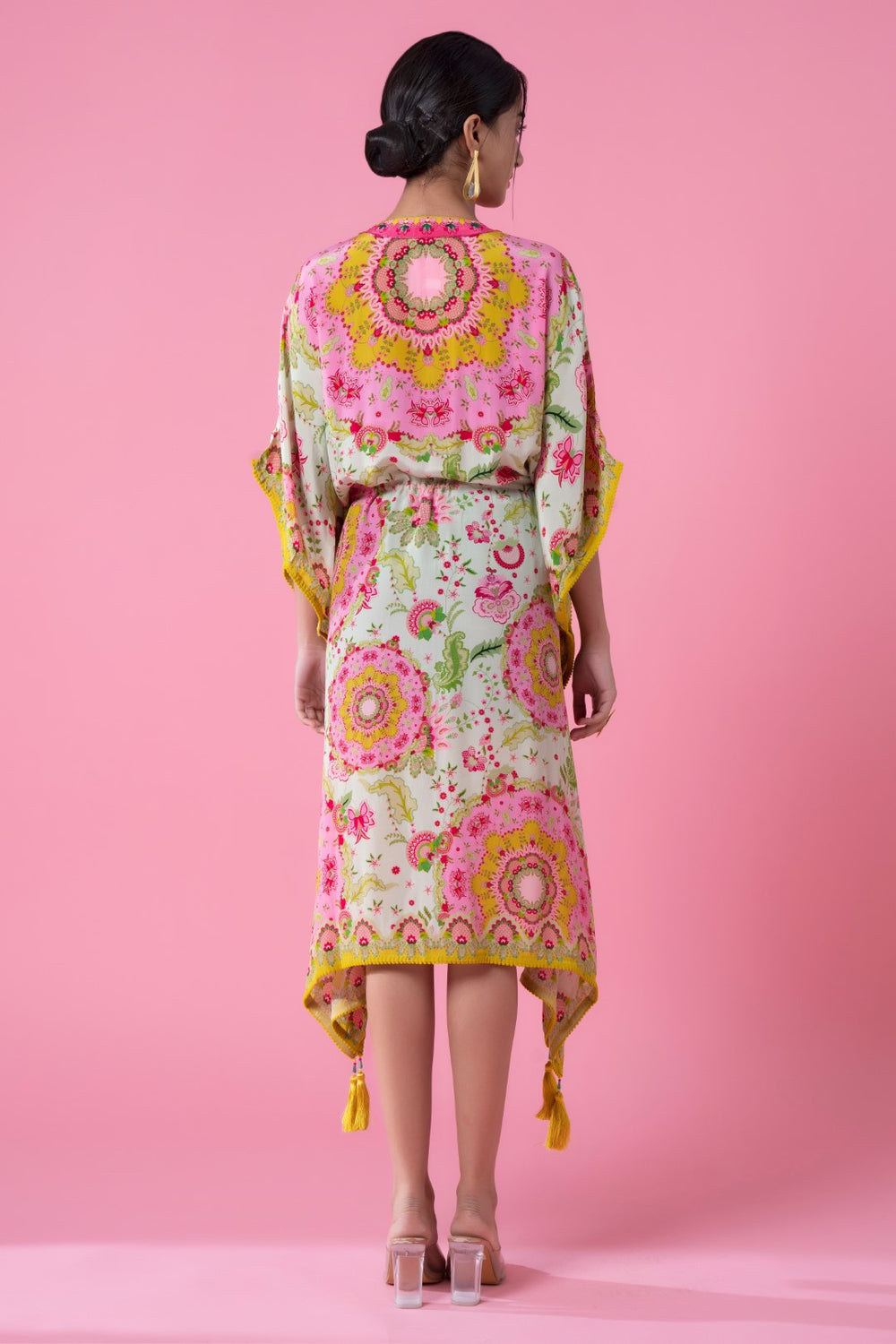 Empire Yellow And Soft Cream Floral Embroidred Kaftan-Siddhartha Bansal