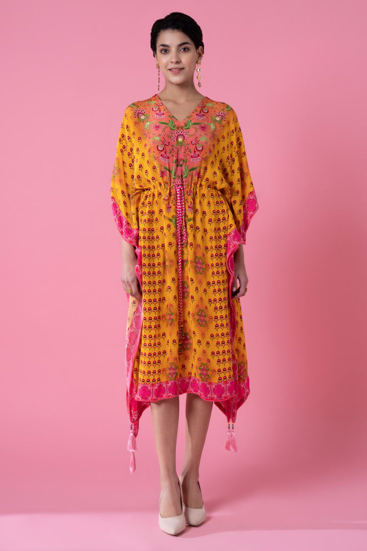 Dawn Yellow Floral Print, Embroidred Kaftan-Siddhartha Bansal
