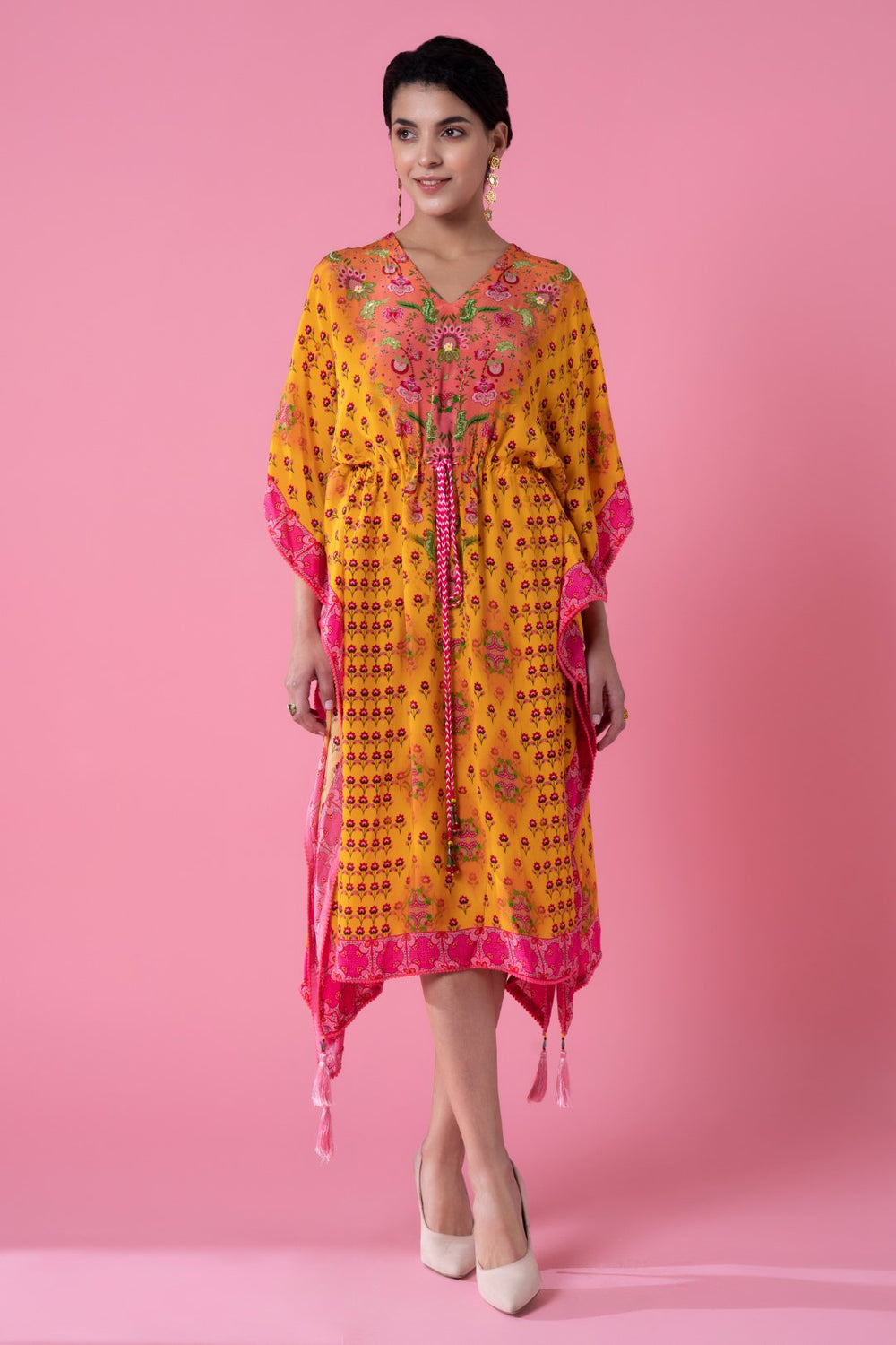 Dawn Yellow Floral Print, Embroidred Kaftan-Siddhartha Bansal