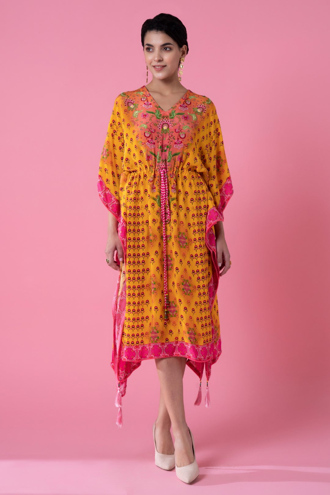 Dawn Yellow Floral Print, Embroidred Kaftan-Siddhartha Bansal