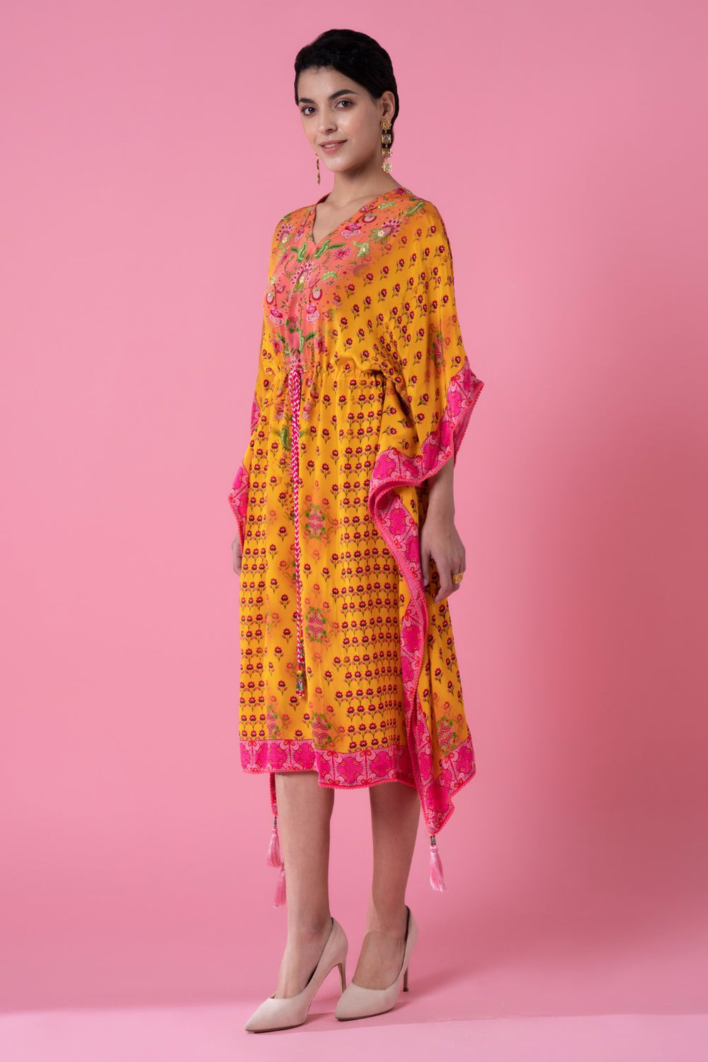 Dawn Yellow Floral Print, Embroidred Kaftan-Siddhartha Bansal