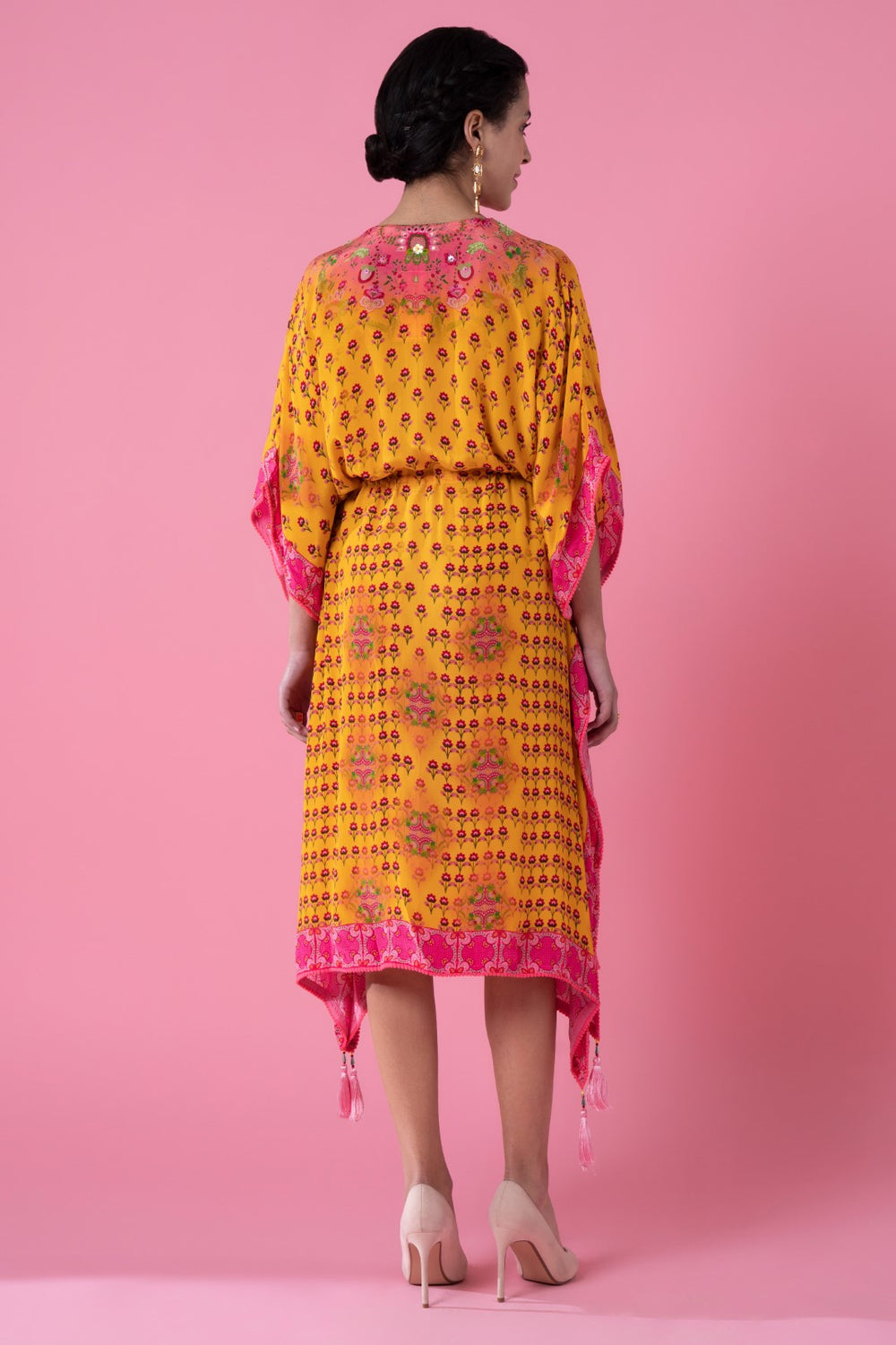 Dawn Yellow Floral Print, Embroidred Kaftan-Siddhartha Bansal