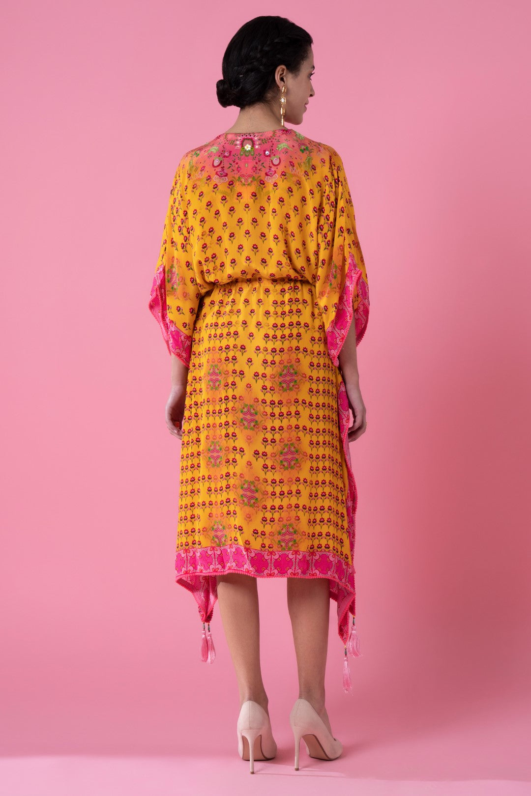 Dawn Yellow Floral Print, Embroidred Kaftan-Siddhartha Bansal