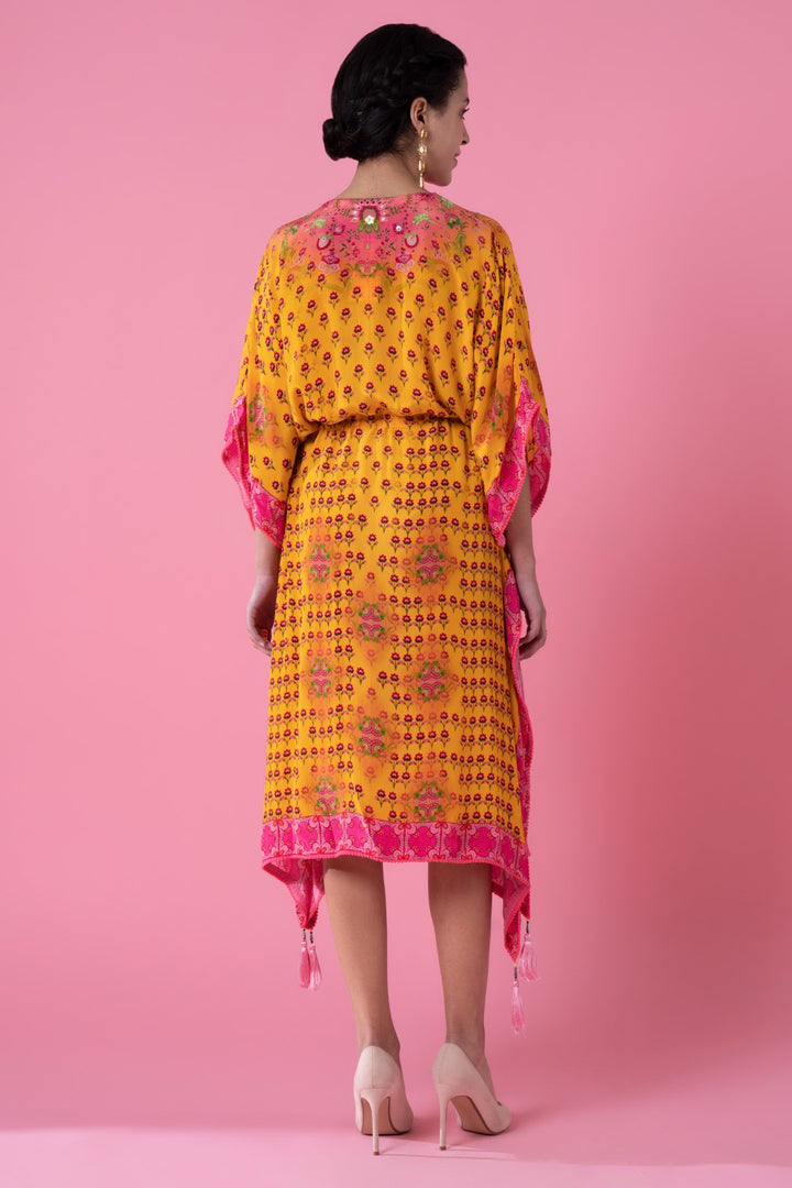 Dawn Yellow Floral Print, Embroidred Kaftan-Siddhartha Bansal