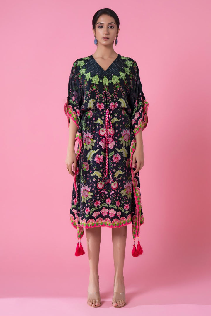 Midnight Black Ombre Floral Print, Embroidred Kaftan-Siddhartha Bansal