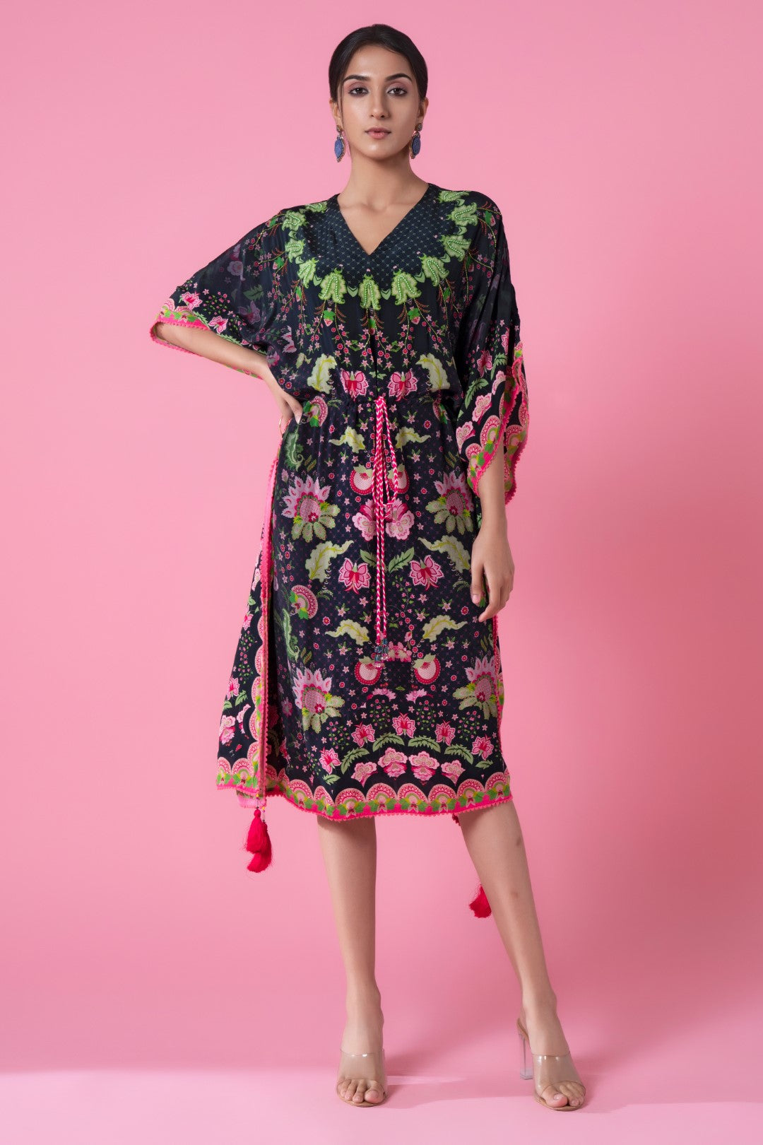 Midnight Black Ombre Floral Print, Embroidred Kaftan-Siddhartha Bansal