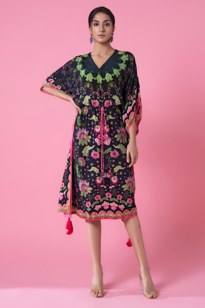 Midnight Black Ombre Floral Print, Embroidred Kaftan-Siddhartha Bansal